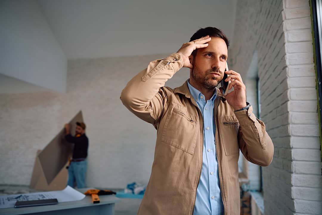 A displeased man taking a phone call during a home renovation.